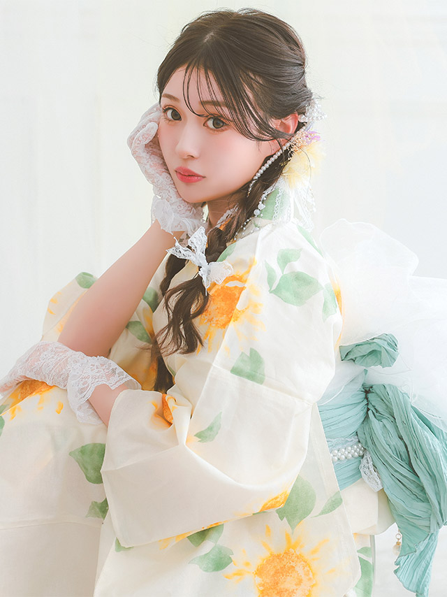 クリーム地 グラデーション 向日葵 ゆかた3点セットのイメージ画像4