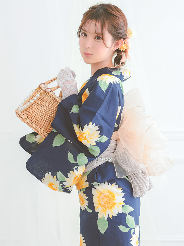 紺地 グラデーション 向日葵 ゆかた3点セットのイメージ画像4
