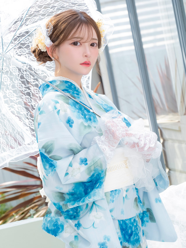 SWEET ペールブルー 水彩 紫陽花 菖蒲 ゆかた3点セットのイメージ画像1
