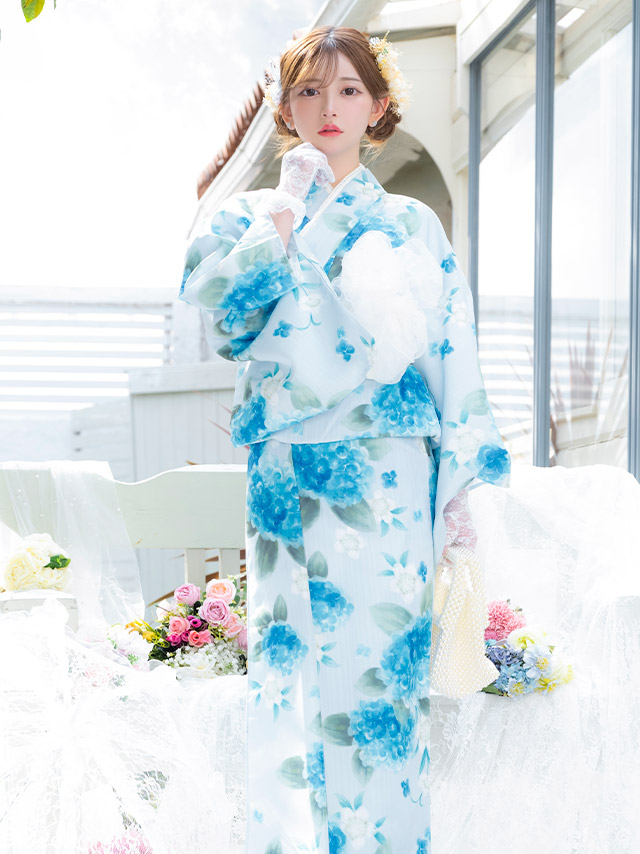SWEET ペールブルー 水彩 紫陽花 菖蒲 ゆかた3点セットのイメージ画像2