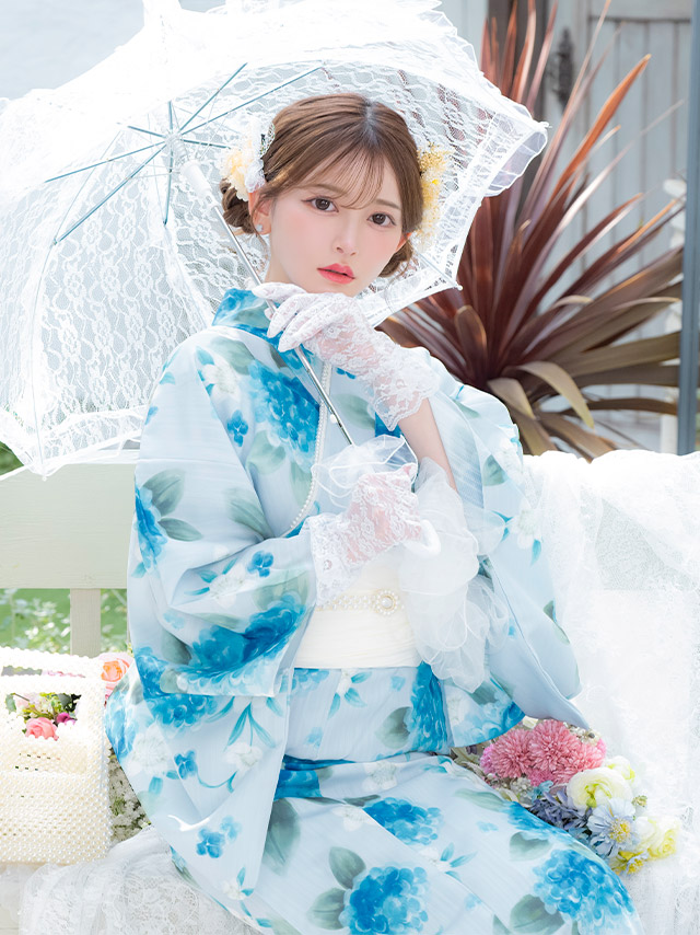 SWEET ペールブルー 水彩 紫陽花 菖蒲 ゆかた3点セットのイメージ画像3