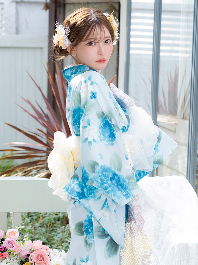 SWEET ペールブルー 水彩 紫陽花 菖蒲 ゆかた3点セットのイメージ画像4
