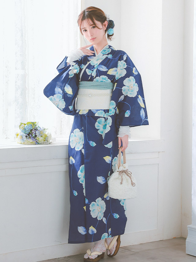 青地 水彩 シャクナゲ セパレート ゆかた3点セットのイメージ画像2