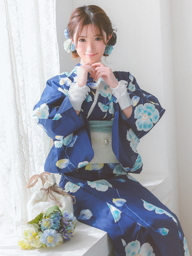 青地 水彩 シャクナゲ セパレート ゆかた3点セットのイメージ画像3