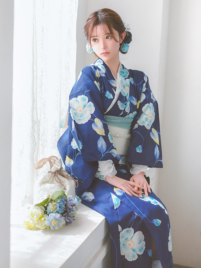 青地 水彩 シャクナゲ セパレート ゆかた3点セットのイメージ画像4