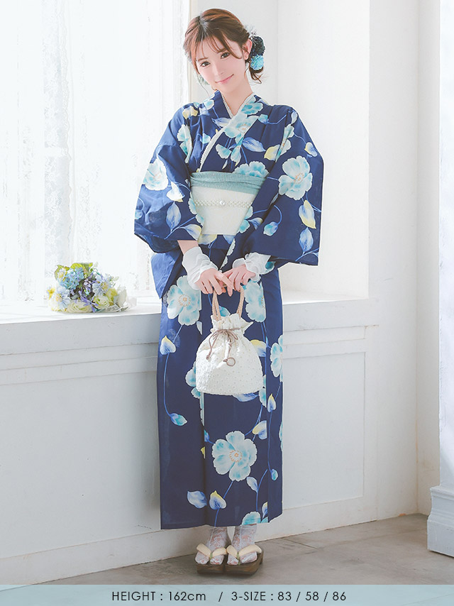 水彩 シャクナゲ セパレート ゆかた3点セットのブルー全身フロント画像