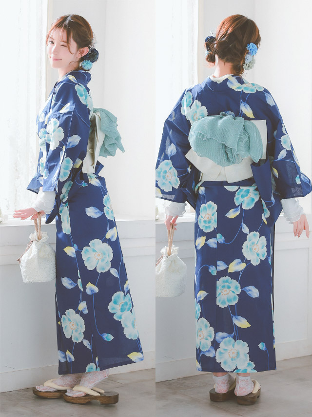 水彩 シャクナゲ セパレート ゆかた3点セットのブルー全身サイドバック