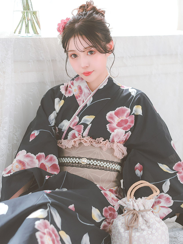 黒地 ピンク 水彩 シャクナゲ セパレート ゆかた3点セットのイメージ画像2