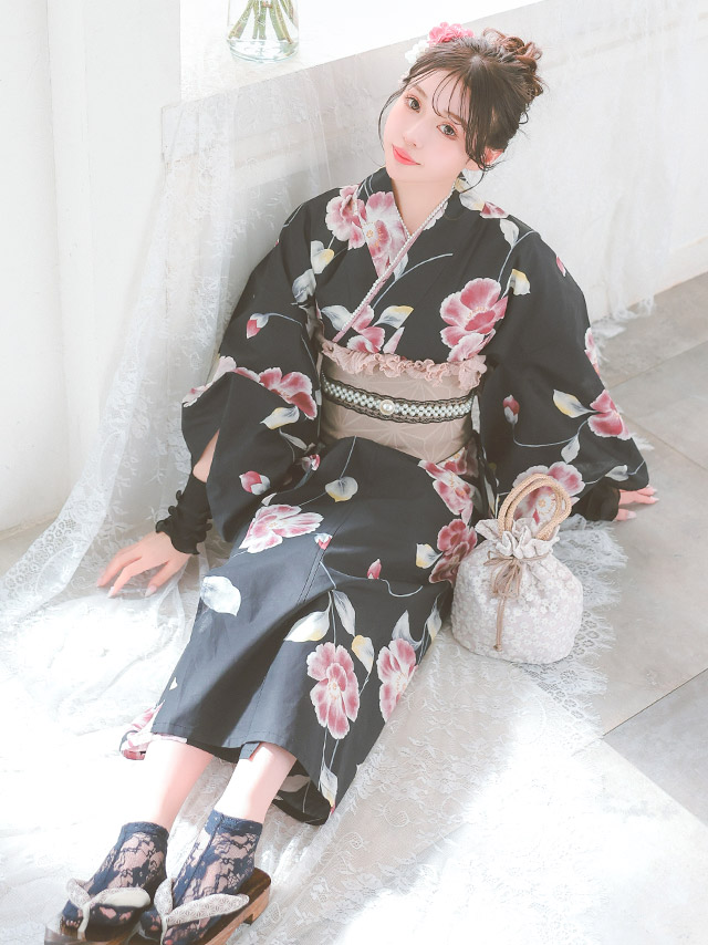 黒地 ピンク 水彩 シャクナゲ セパレート ゆかた3点セットのイメージ画像3