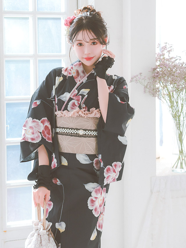 黒地 ピンク 水彩 シャクナゲ セパレート ゆかた3点セットのイメージ画像4
