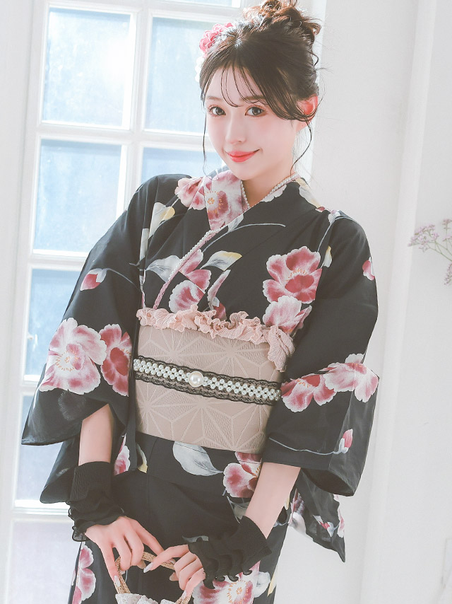 黒地 ピンク 水彩 シャクナゲ セパレート ゆかた3点セットのイメージ画像5