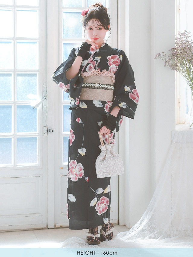 水彩 シャクナゲ セパレート ゆかた3点セットのブラックフロント画像