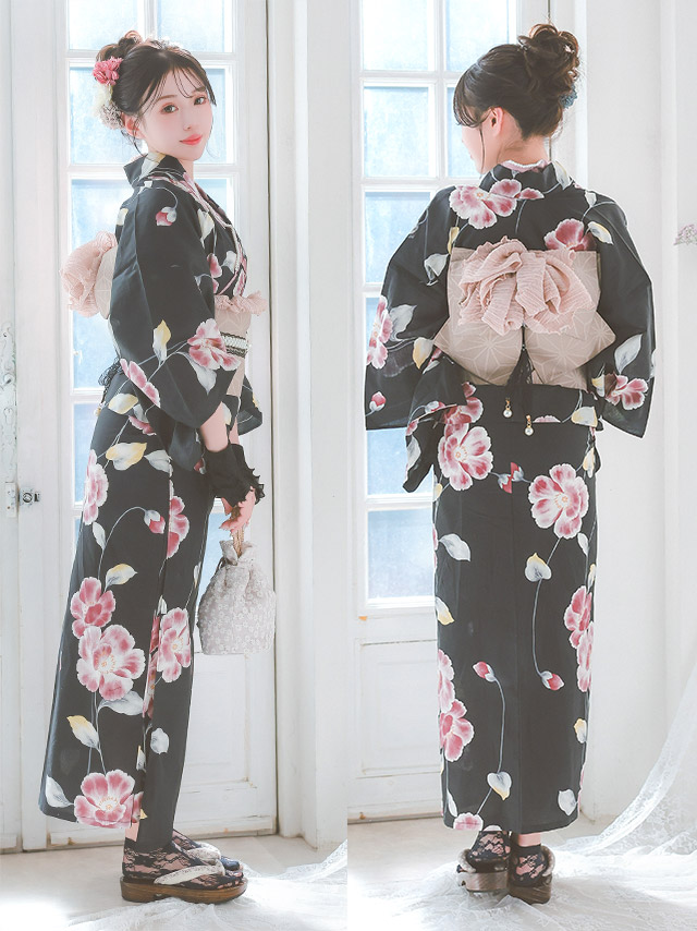 水彩 シャクナゲ セパレート ゆかた3点セットのブラックサイドアップ画像