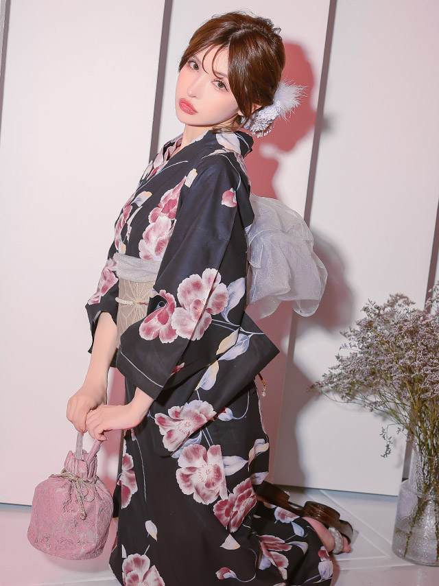 妖艶 黒地 グラデーション シャクナゲ セパレート ゆかた3点セットのイメージ画像2
