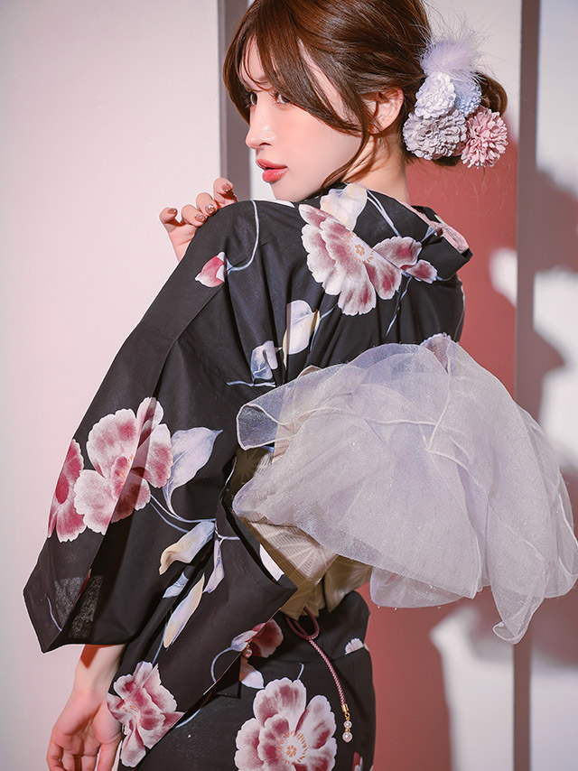 妖艶 黒地 グラデーション シャクナゲ セパレート ゆかた3点セットのイメージ画像3
