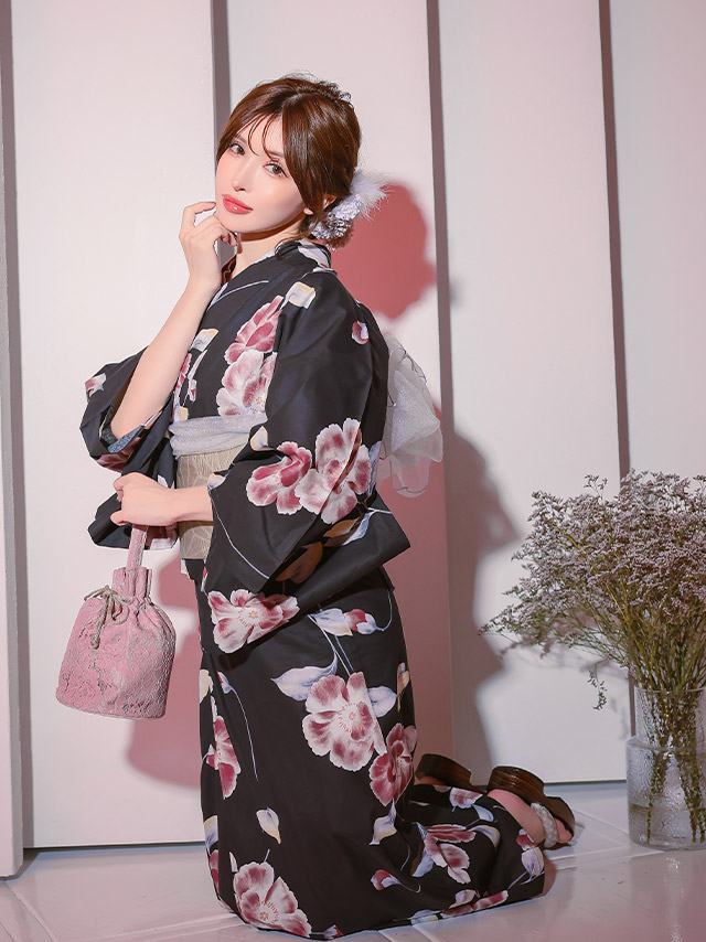妖艶 黒地 グラデーション シャクナゲ セパレート ゆかた3点セットのイメージ画像4