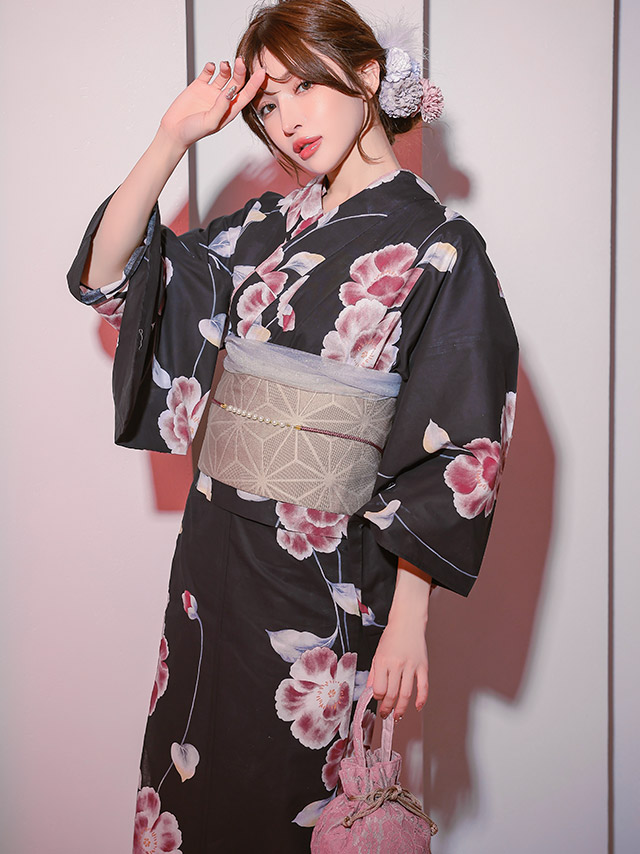 妖艶 黒地 グラデーション シャクナゲ セパレート ゆかた3点セットのイメージ画像4