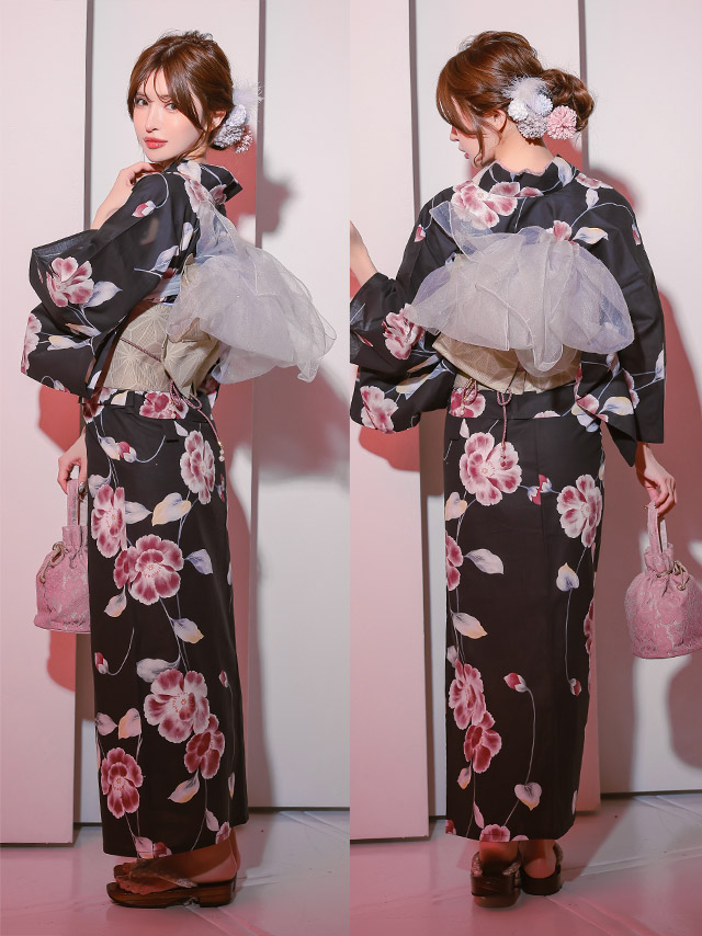 妖艶 黒地 グラデーション シャクナゲ セパレート ゆかた3点セットの全身サイドバック画像