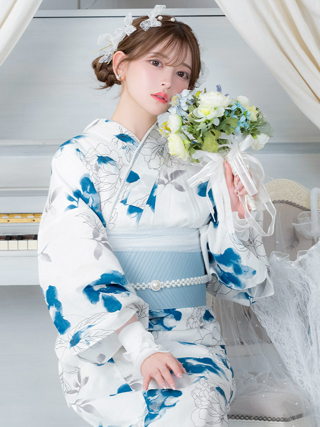 SWEET 白地 線画 水彩フラワー ゆかた 2点セットのイメージ画像3