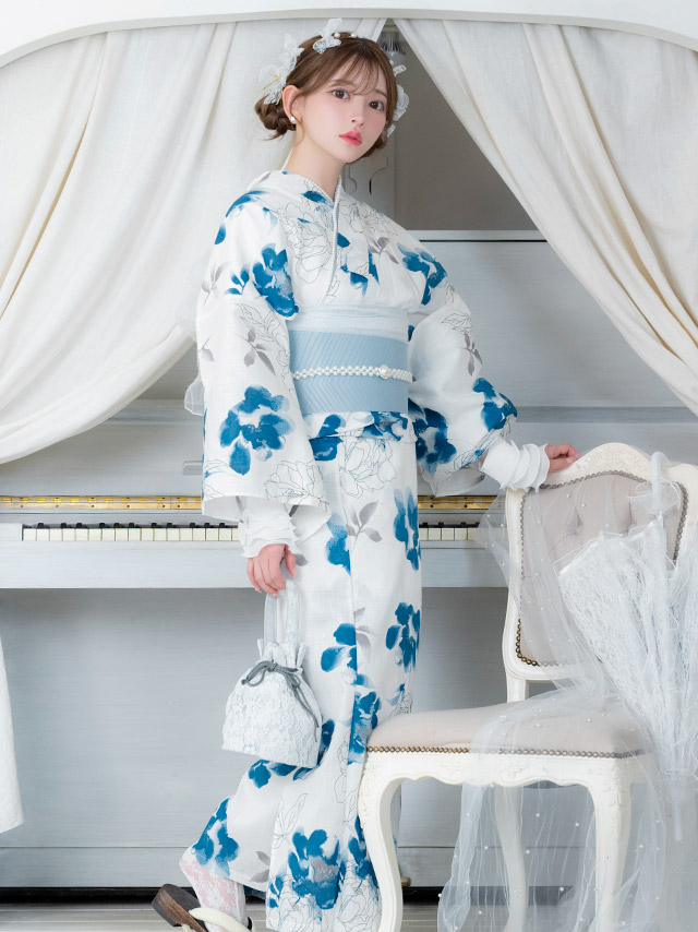 SWEET 白地 線画 水彩フラワー ゆかた 2点セットのイメージ画像4