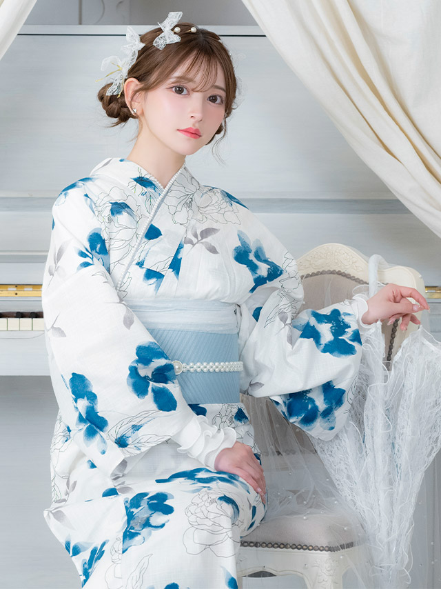 SWEET 白地 線画 水彩フラワー ゆかた 2点セットのイメージ画像5