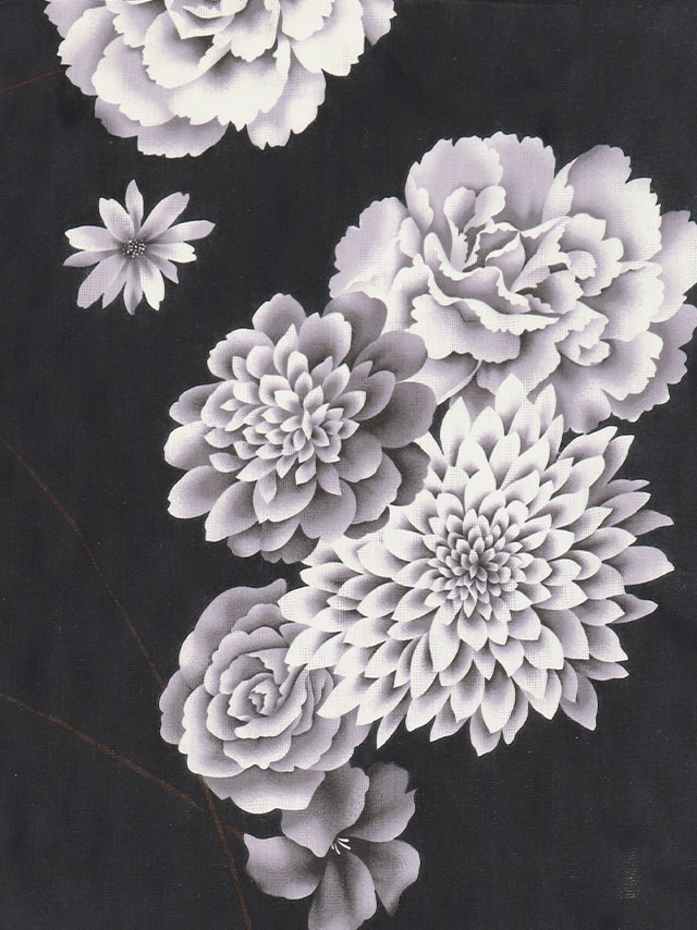 妖艶 黒地 グレー 白 花 ゆかた3点セットの生地アップ画像