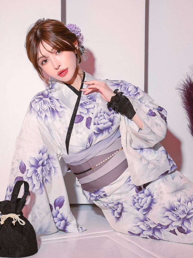 妖艶 白地 水彩 牡丹 ゆかた3点セットのイメージ画像3