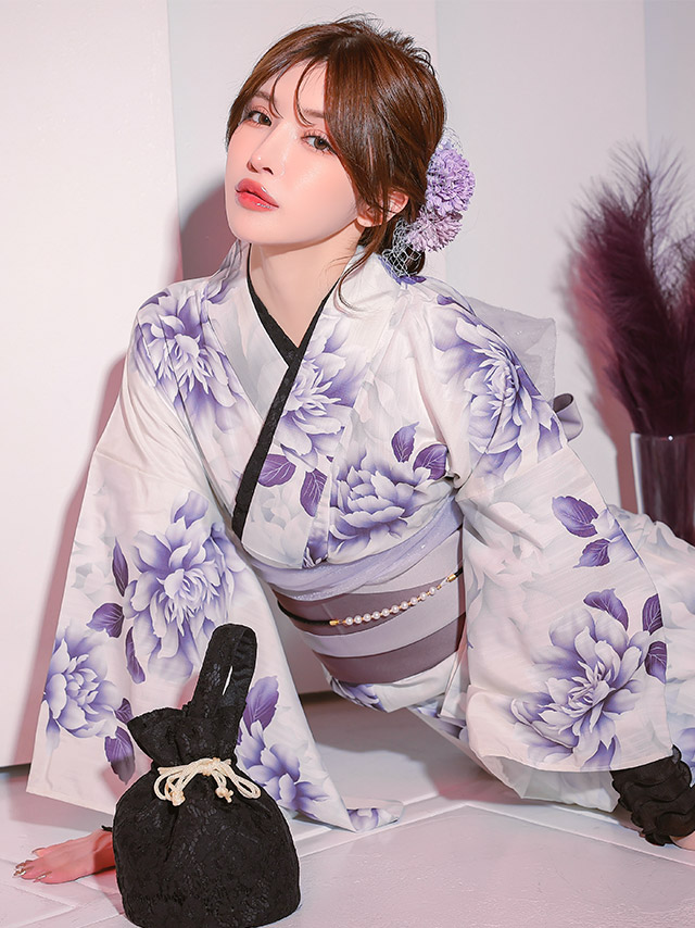 妖艶シリーズ 白地 水彩牡丹 浴衣・帯2点セット 着用イメージ5