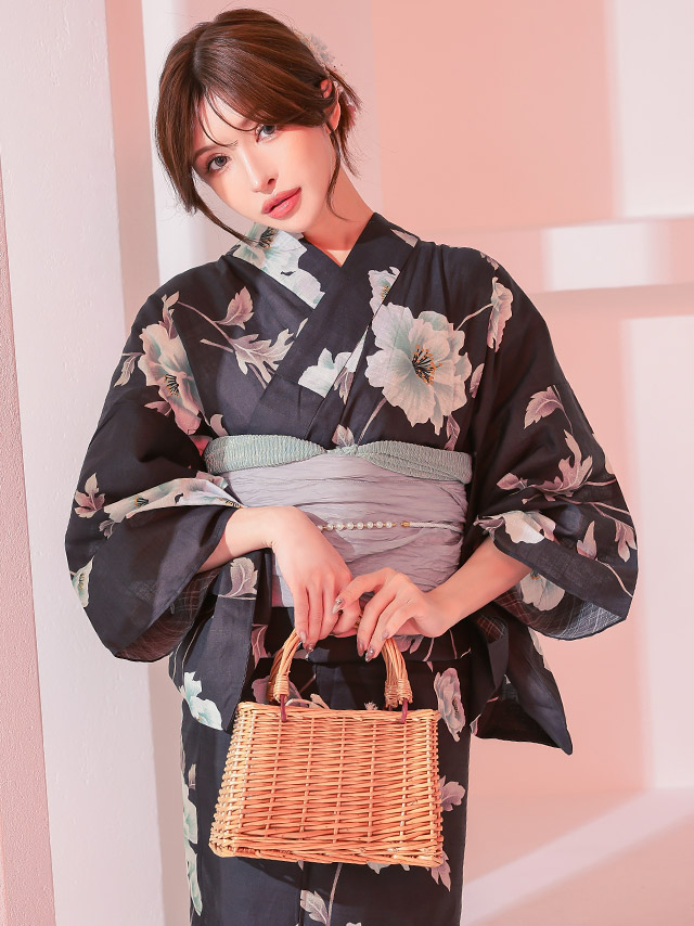妖艶 濃灰色 ニュアンスフラワー ゆかた2点セットのイメージ画像2