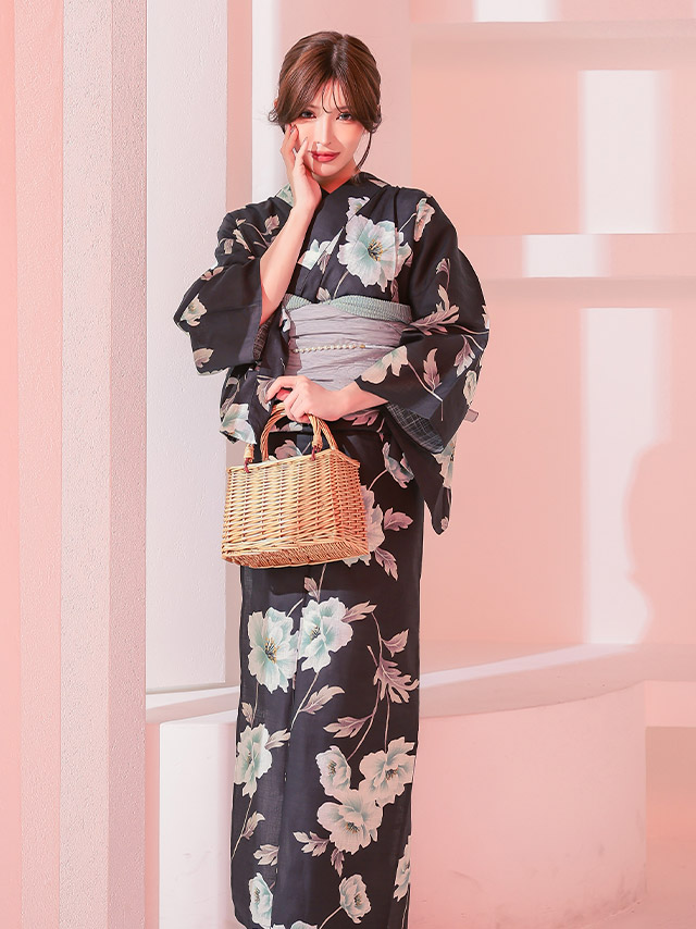 妖艶 濃灰色 ニュアンスフラワー ゆかた2点セットのイメージ画像3