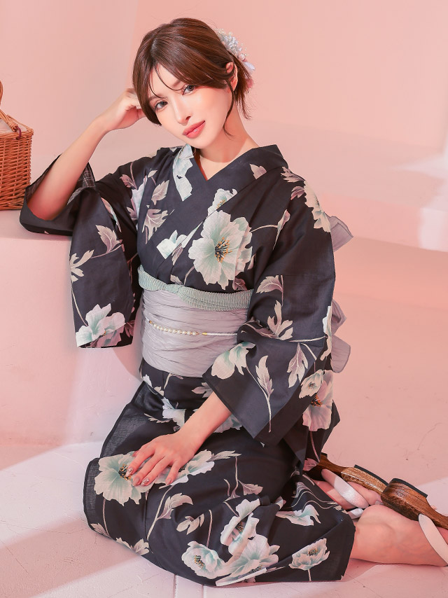 妖艶 濃灰色 ニュアンスフラワー ゆかた2点セットのイメージ画像4