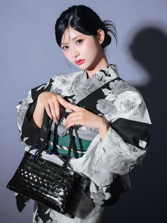 フ黒竹 巾着付き かごバッグのグレーイメージ画像2