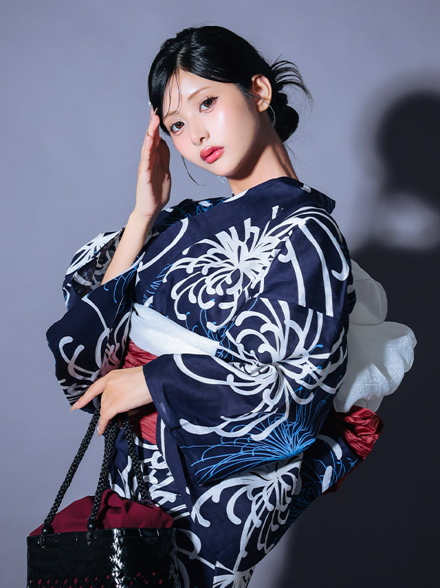 紺地 糸菊 シック かっこいい 粋 モダン 紺色 ネイビー えんじ色 白 2点セット 着用イメージ1