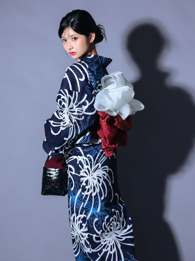 紺地 糸菊 シック かっこいい 粋 モダン 紺色 ネイビー えんじ色 白 2点セット 着用イメージ2