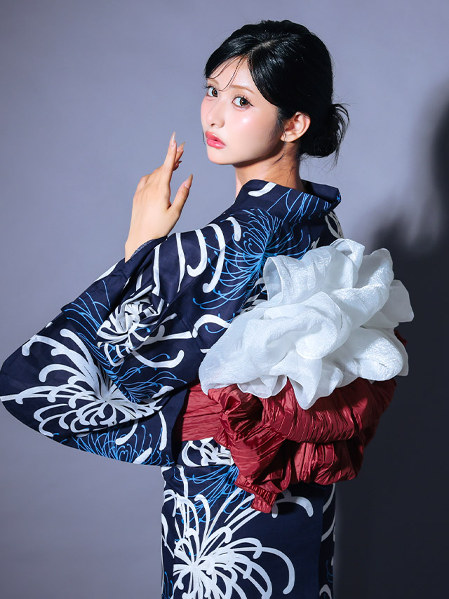 紺地 糸菊 シック かっこいい 粋 モダン 紺色 ネイビー えんじ色 白 2点セット 着用イメージ4