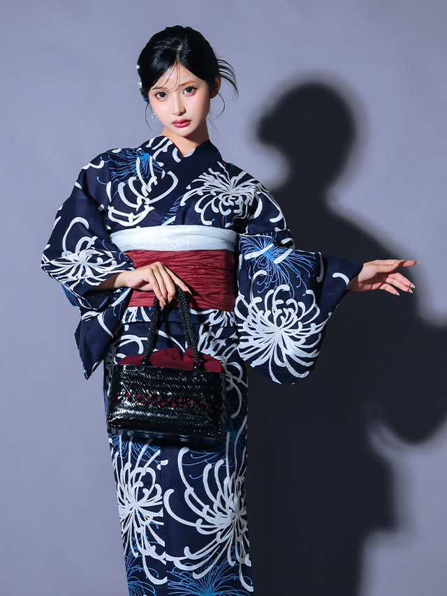 紺地 糸菊 シック かっこいい 粋 モダン 紺色 ネイビー えんじ色 白 2点セット 着用イメージ5