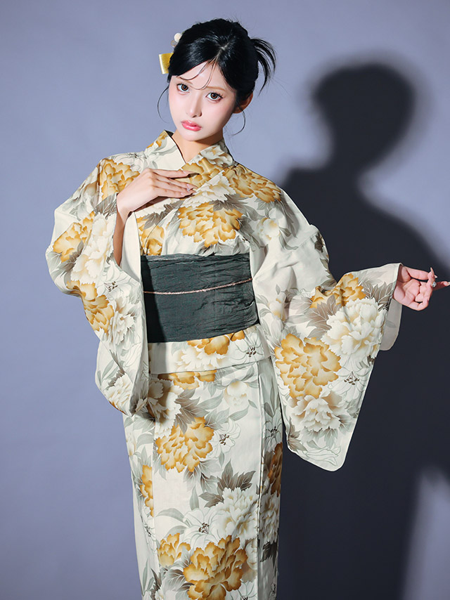 線画 牡丹 バイカラー シック かっこいい 粋 モダン 黒白モノトーン 2点セット 着用イメージ3