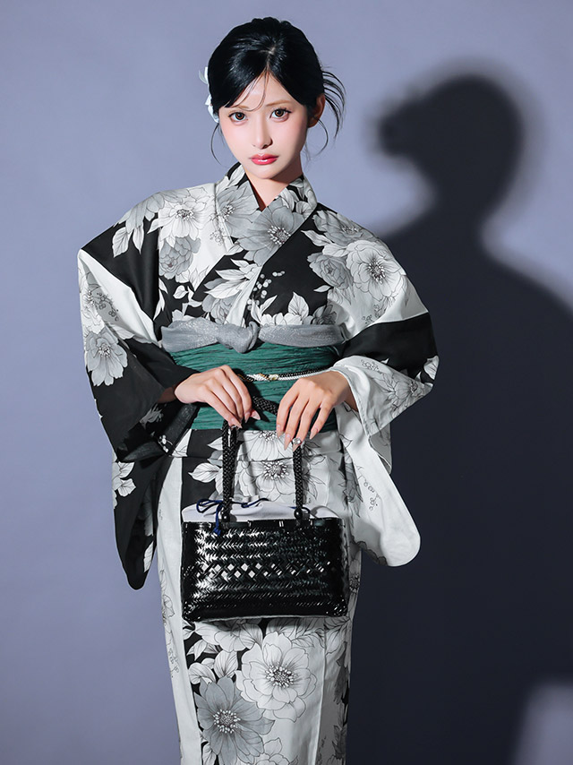 線画 牡丹 バイカラー シック かっこいい 粋 モダン 黒白モノトーン 2点セット 着用イメージ2