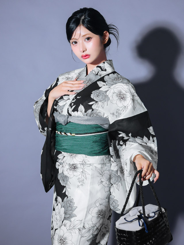 線画 牡丹 バイカラー シック かっこいい 粋 モダン 黒白モノトーン 2点セット 着用イメージ5