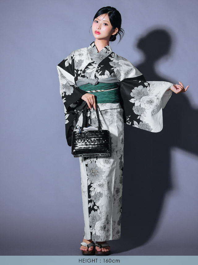 線画 牡丹 バイカラー シック かっこいい 粋 モダン 黒白モノトーン 2点セット 前面デザイン