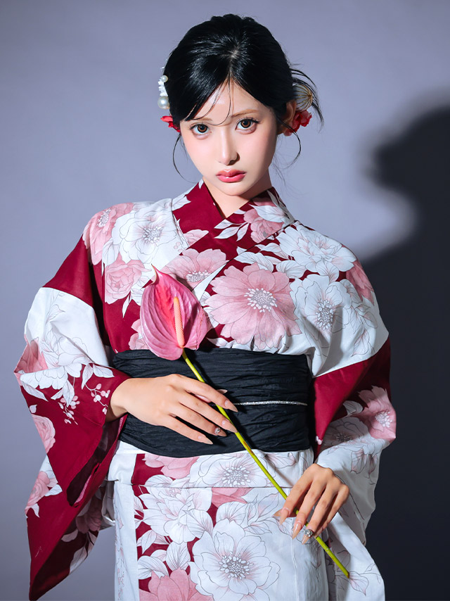 線画 ニュアンス 牡丹柄 バイカラー シック かっこいい 粋 モダン 白 赤 ピンク 黒 ブラック 2点セット 着用イメージ3