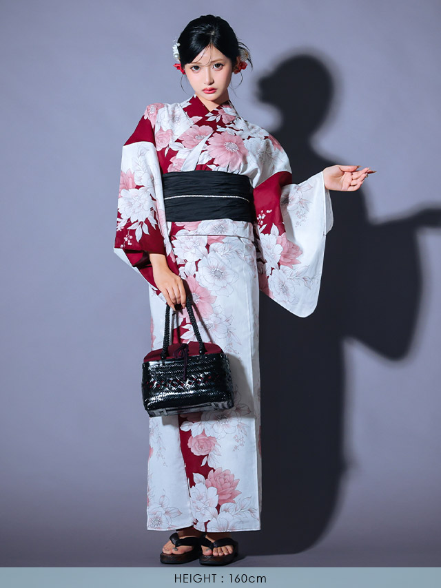 線画 ニュアンス 牡丹柄 バイカラー シック かっこいい 粋 モダン 白 赤 ピンク 黒 ブラック 2点セット 前面デザイン