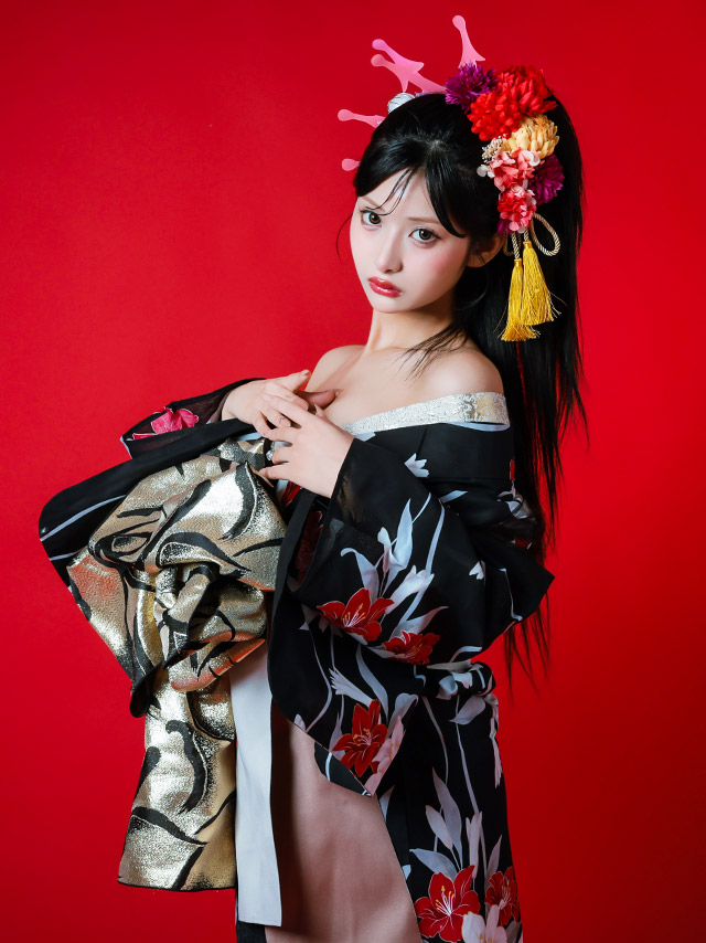 2way 紅白 百合柄 黒 ブラック 赤 白 4点セット イメージ3