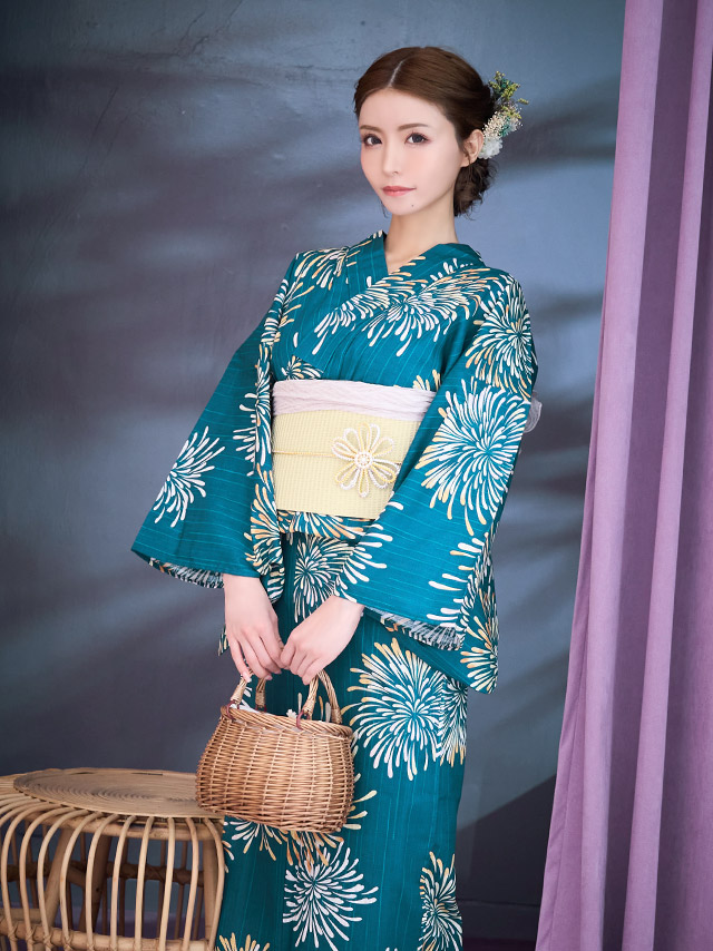 レトロシリーズ 緑地×大輪花火柄  浴衣・帯2点セット 着用イメージ1
