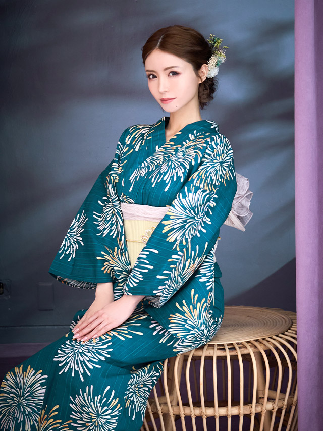 レトロシリーズ 緑地×大輪花火柄  浴衣・帯2点セット 着用イメージ3