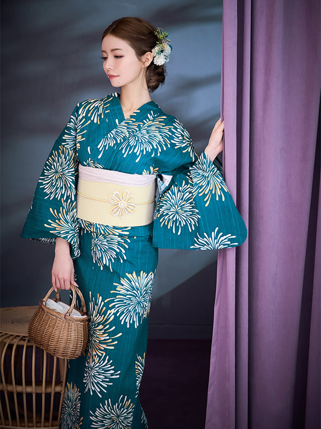 レトロシリーズ 緑地×大輪花火柄  浴衣・帯2点セット 着用イメージ4