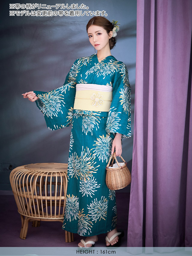 レトロシリーズ 緑地×大輪花火柄  浴衣・帯2点セット 前面デザイン