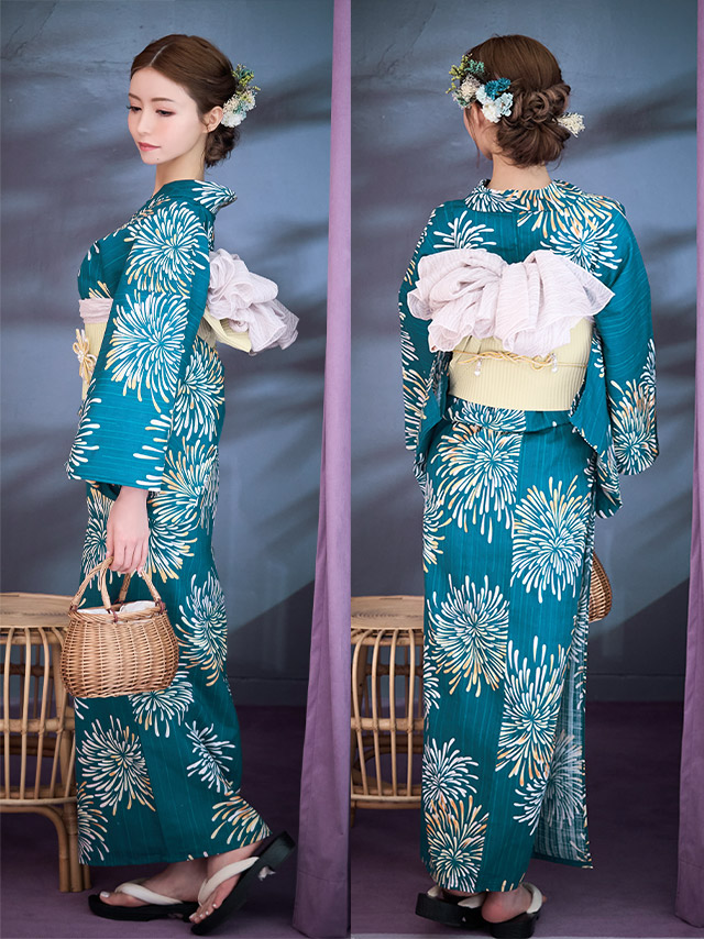 レトロシリーズ 緑地×大輪花火柄  浴衣・帯2点セット 背面・帯デザイン