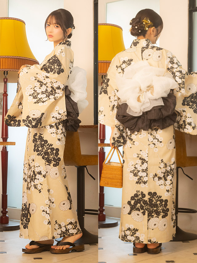 霞草 マスタードカラー レトロ 2点セット 黒嵜菜々子着用 背面・帯デザイン