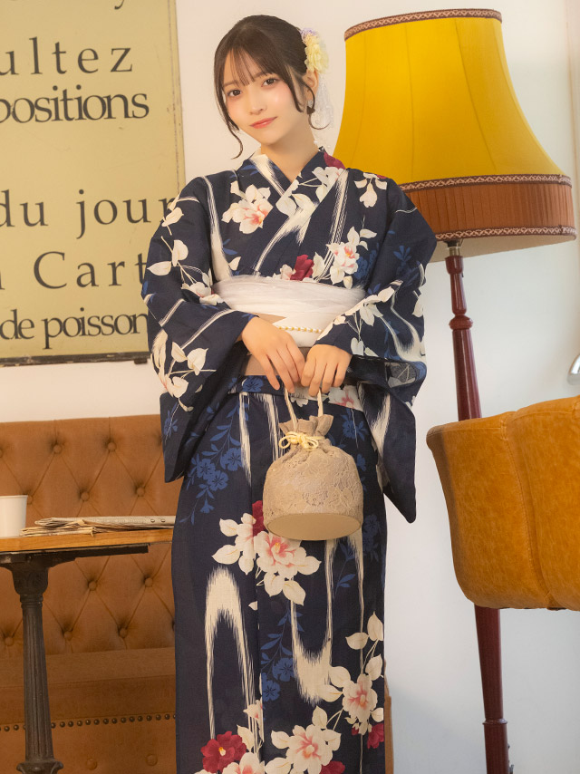 変わり縞 椿 古典レトロ モダン 紺色 2点セット イメージ1